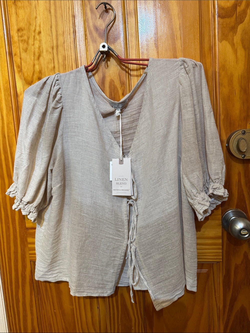 Linen-Blend Puff Sleeve Tie-Front Blouse - Beige
